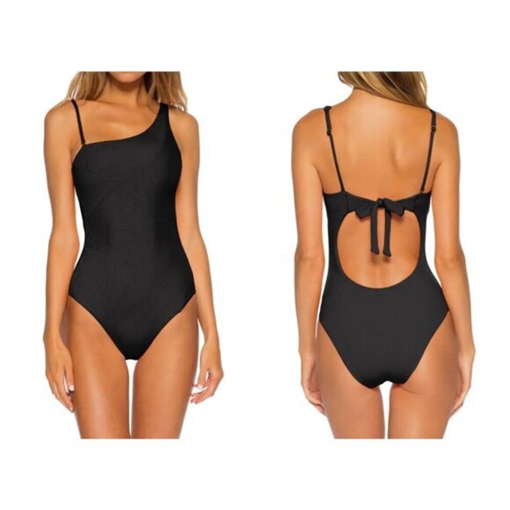 Becca Adeline One Shoulder Rib One Piece Swimsuit Black Adjustable Sz M NWT